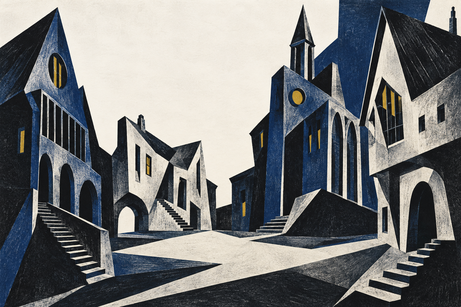 An imagined art village with angular blue buildings, stairways and an open square